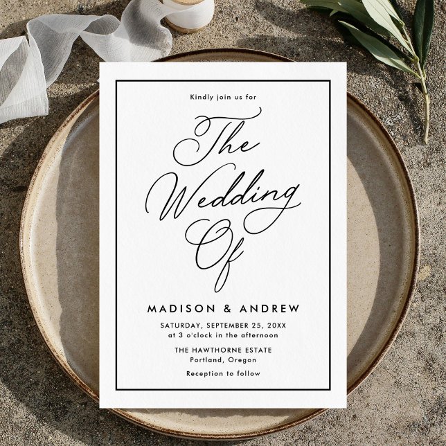 Modern Black Border Script Wedding Letterpress Invitation (Creator Uploaded)