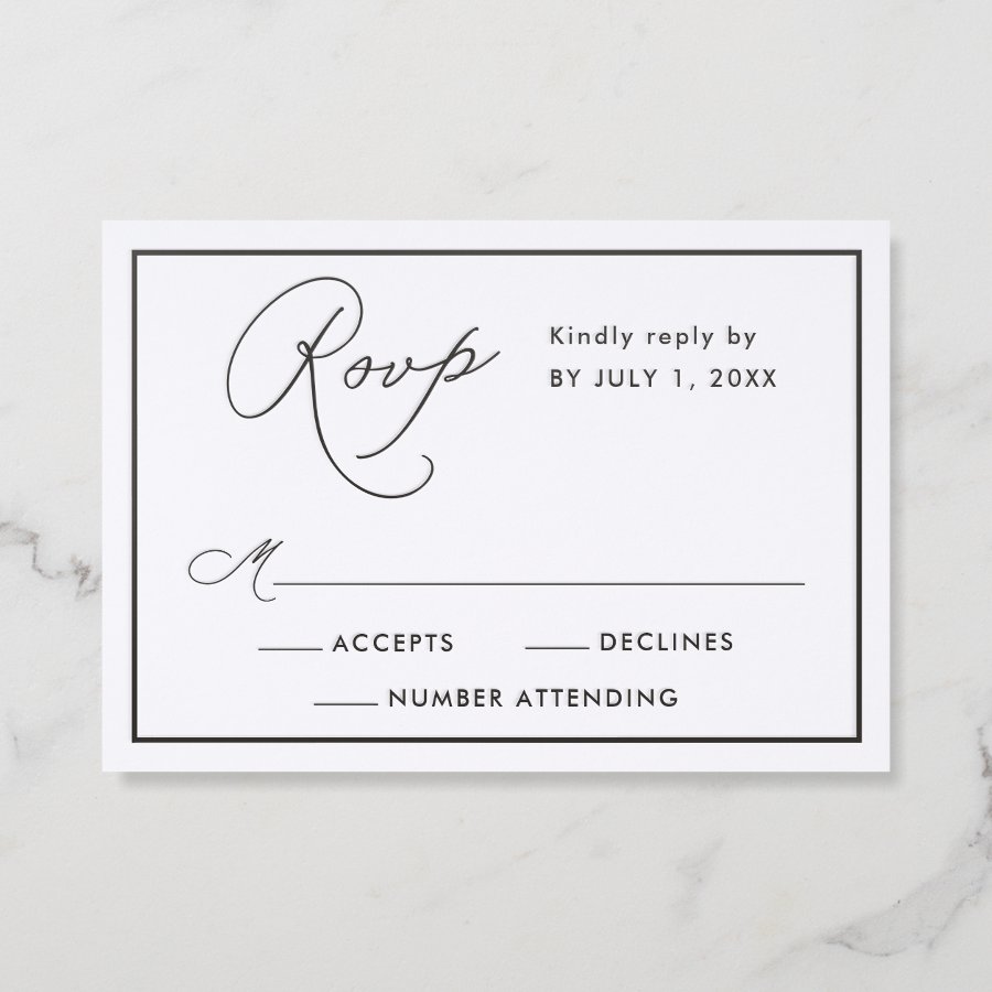 Modern Black Border Script Wedding Letterpress RSVP Cards