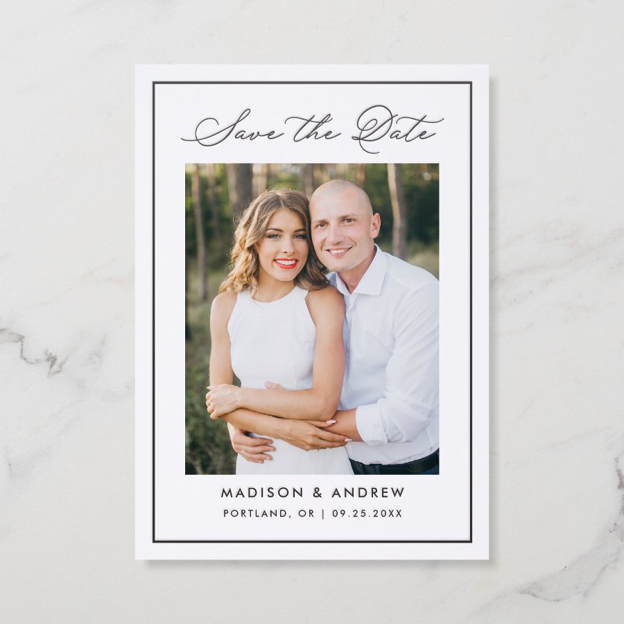 Modern Black Border Script Wedding Save the Date Letterpress Photo Cards