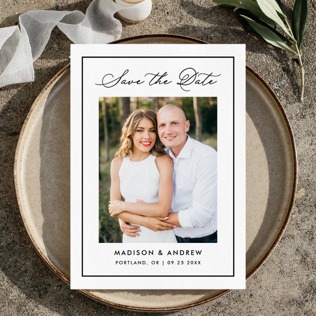 Modern Black Border Script Wedding Save the Date Letterpress Photo Cards (Creator Uploaded)
