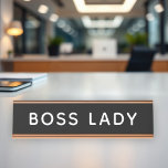 Modern Black Boss Lady Office Desk Name Plate<br><div class="desc">Celebrate the woman in charge with this modern black desk name plate featuring "Boss Lady" in crisp bold typography. The featured text is fully customizable — swap in any name, title, or message to suit your office. A striking gift for female entrepreneurs, new promotions, female bosses, office warming celebrations, and...</div>