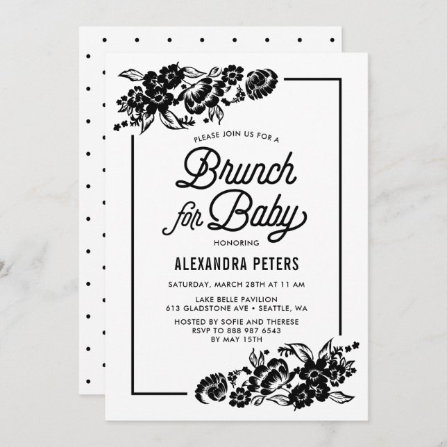 Modern Black Botanical Baby Shower Brunch Invitation (Front/Back)