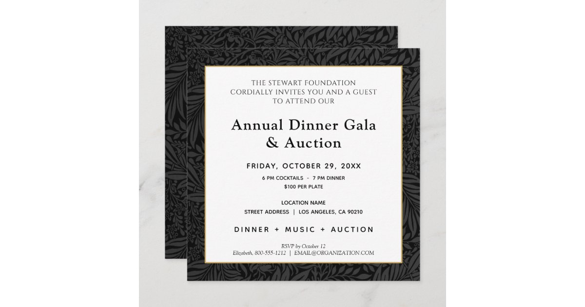 Modern Black Botanical Business Dinner Gala Invita Invitation | Zazzle