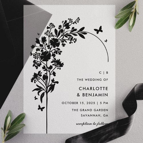 Modern Black Botanical Butterfly Arch Vellum Invitations