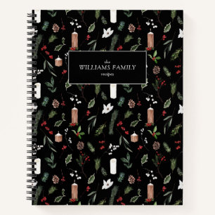 Modern Black Botanical Christmas Family Recipes Notebook