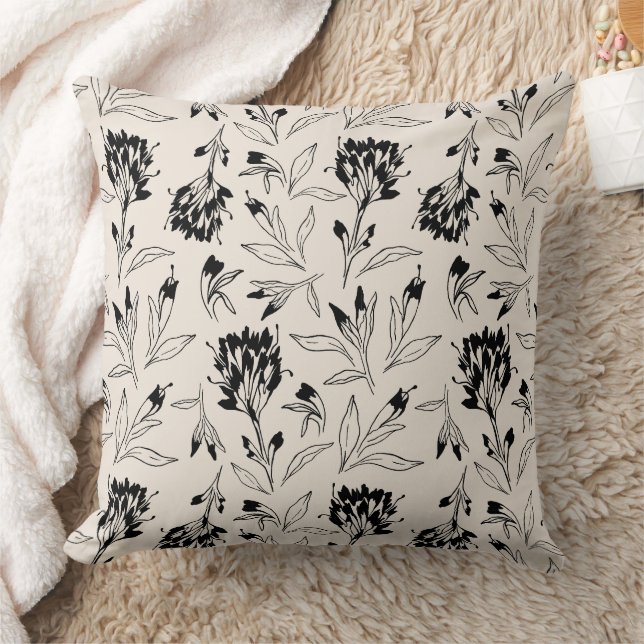 Modern Black Botanical Floral Sketch Pattern Throw Pillow (Blanket)