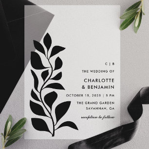 Modern Black Botanical Leaves Wedding Vellum Invitations