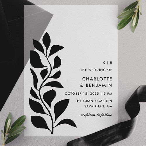 Modern Black Botanical Leaves Wedding Vellum Invitations