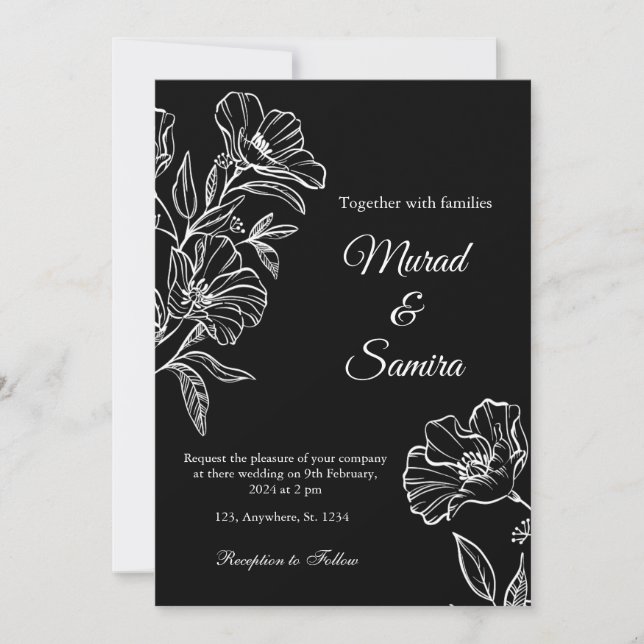 Modern Black Botanical Line Art Wedding Invitation (Front)