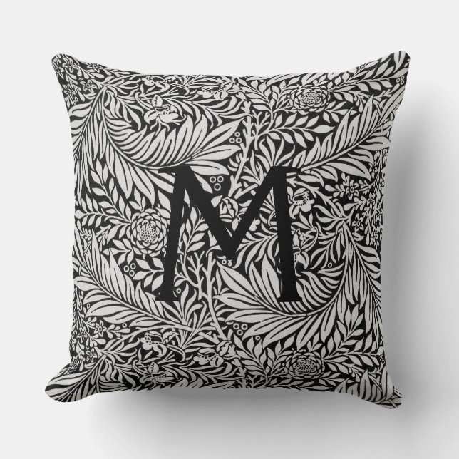 Modern Black Botanical Monogram Throw Pillow (Front)