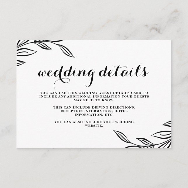 Modern Black Botanical Wedding Guest Details Card (Front)