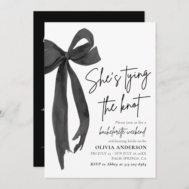 Modern Black Bow Bachelorette Weekend Itinerary Invitation (Front/Back)