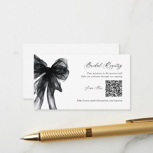 Modern Black Bow Bridal Shower QR Code Registry Enclosure Card