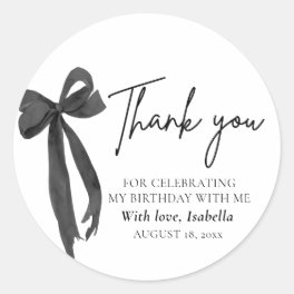 Modern Black Bow Coquette Birthday Thank You Classic Round Sticker