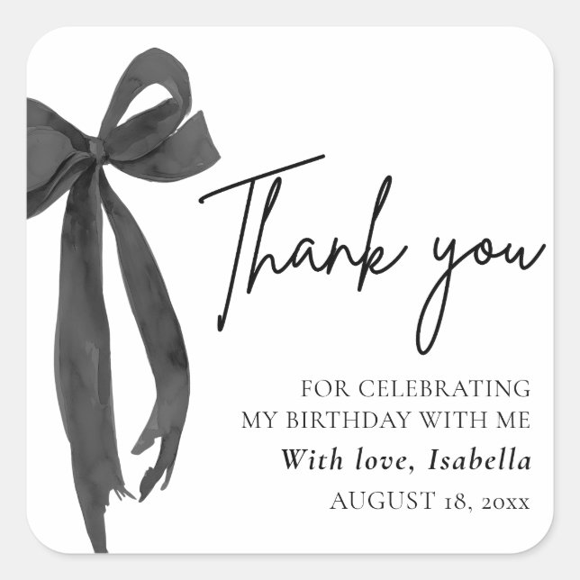 Modern Black Bow Coquette Birthday Thank You Square Sticker (Front)