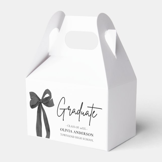 Modern Black Bow Coquette Graduate Graduation Favor Boxes (Front Side)