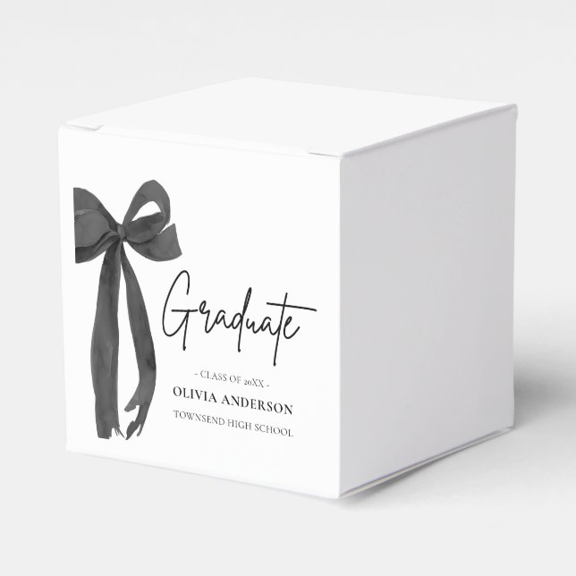 Modern Black Bow Coquette Graduate Graduation Favor Boxes (Front Side)