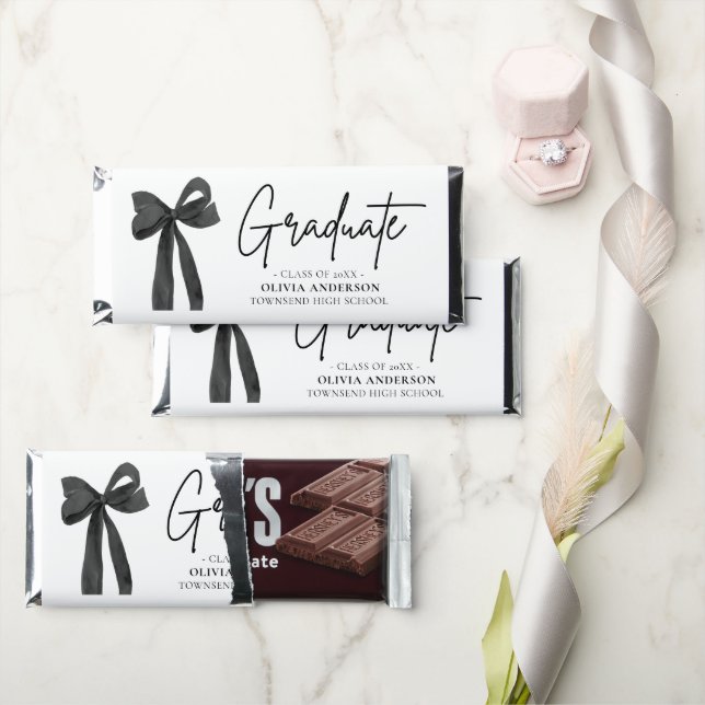 Modern Black Bow Coquette Graduate Graduation Hershey Bar Favors (Front)