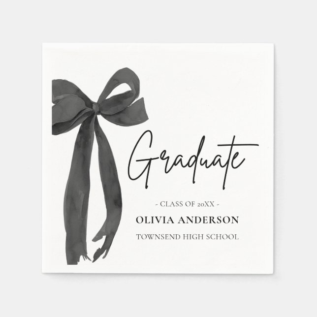 Modern Black Bow Coquette Graduate Graduation Napkins (Front)