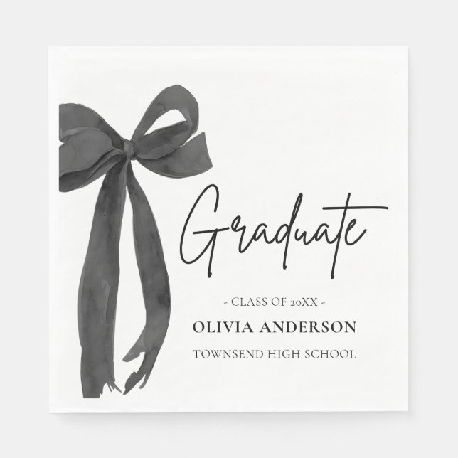 Modern Black Bow Coquette Graduate Graduation Napkins (Front)