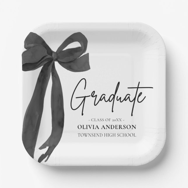 Modern Black Bow Coquette Graduate Graduation Paper Plates (Front)