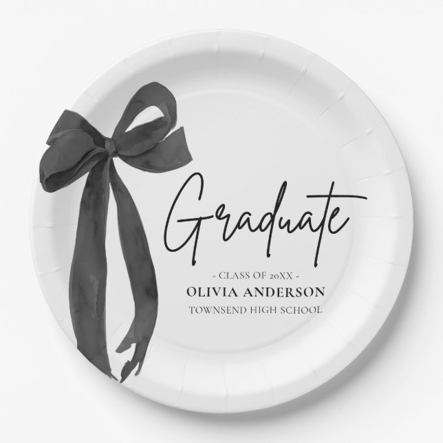 Modern Black Bow Coquette Graduate Graduation Paper Plates (Front)