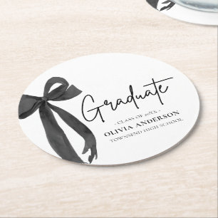 Modern Black Bow Coquette Graduate Graduation Round Paper Coaster