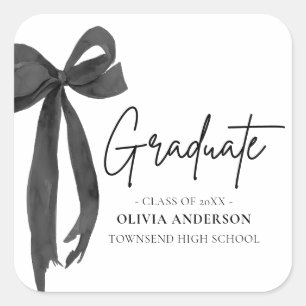 Modern Black Bow Coquette Graduate Graduation Square Sticker