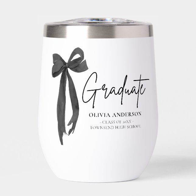 Modern Black Bow Coquette Graduate Graduation Thermal Wine Tumbler (Front)