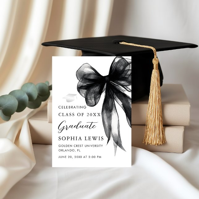 Modern Black Bow Coquette Graduation Announcement (Elegant Watercolor Black Bow Coquette Graduation Announcement card)