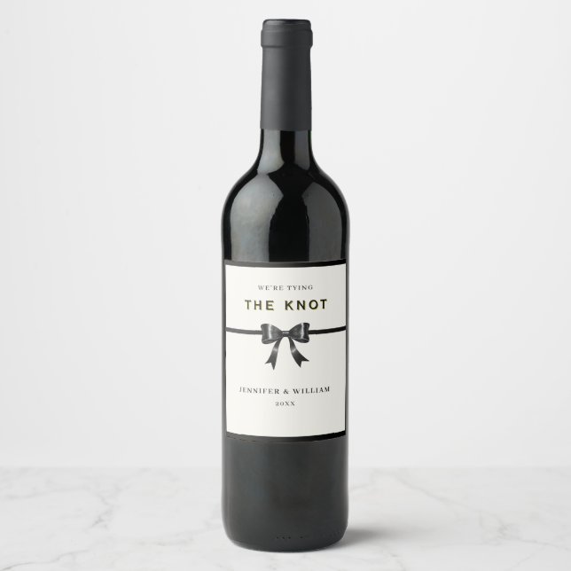 Modern Black Bow Engagement Wine bottle  Wine Label (Front)