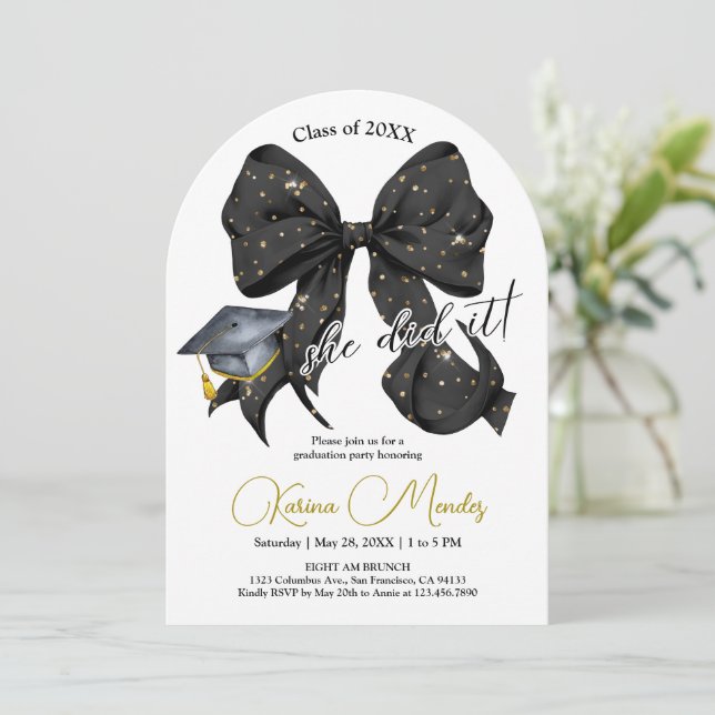 Modern Black Bow Graduation Arch Invitation (Standing Front)