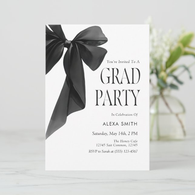 Modern Black Bow Graduation Elegant Minimalist Invitation (Standing Front)