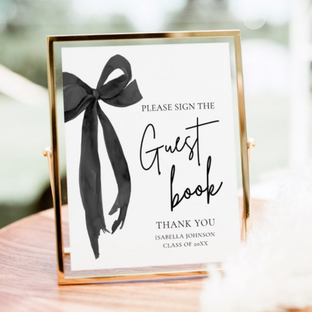 Modern Black Bow Graduation Party Guest Book Sign (Modern Coquette Black Bow Graduation Party Graduate High School Guest Book Sign)