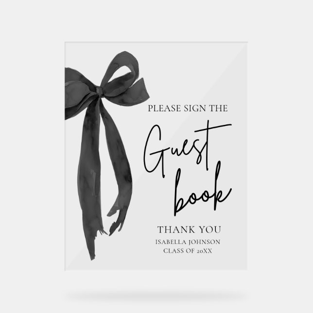 Modern Black Bow Graduation Party Guest Book Sign (Front)