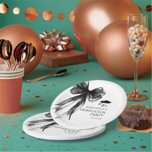 Modern Black Bow Graduation Party Paper Plates