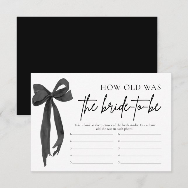 Modern Black Bow How Old Was The Bride To Be Game Invitation (Front/Back)