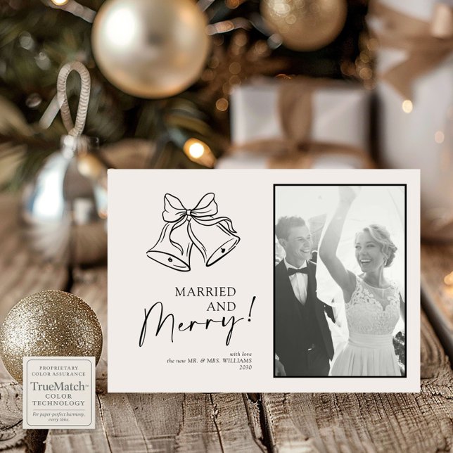 Modern Black Bow Married & Merry Vertical Photo Holiday Card (Creator Uploaded)