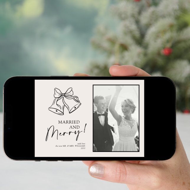 Modern Black Bow Married & Merry Vertical Photo Holiday Card (Front Digital)