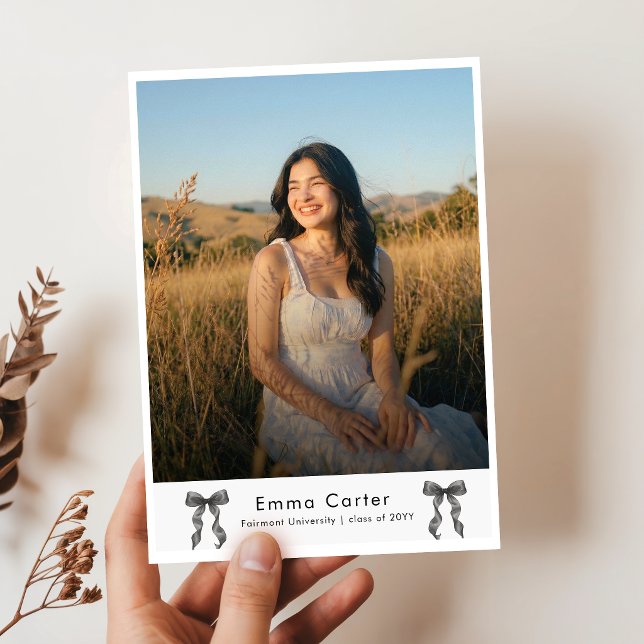 Modern Black Bow Photo Graduation Announcement Postcard (Creator Uploaded)