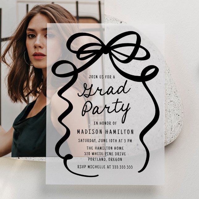 Modern Black Bow Photo Graduation Party Vellum Invitations (Creator Uploaded)