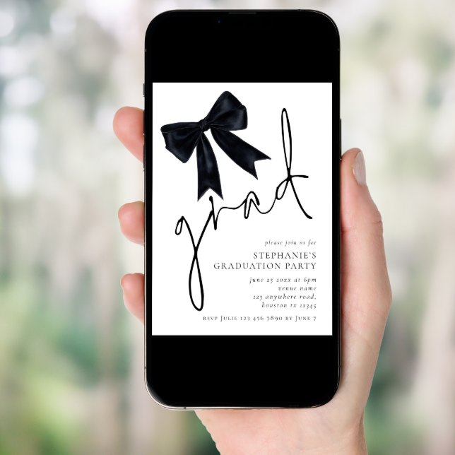 Modern Black Bow Script Grad Graduation  Invitation (Front Digital)