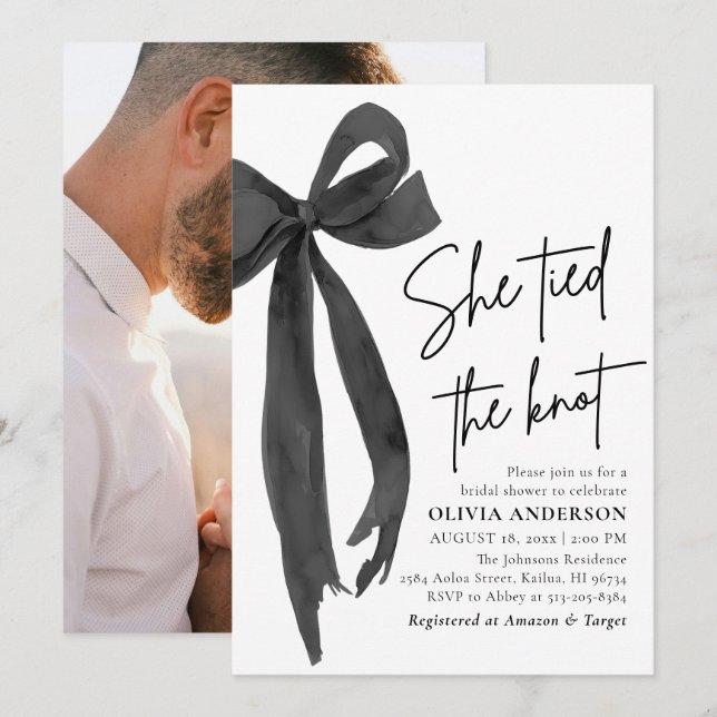 Modern Black Bow She Tied the Knot Bridal Shower Invitation (Front/Back)