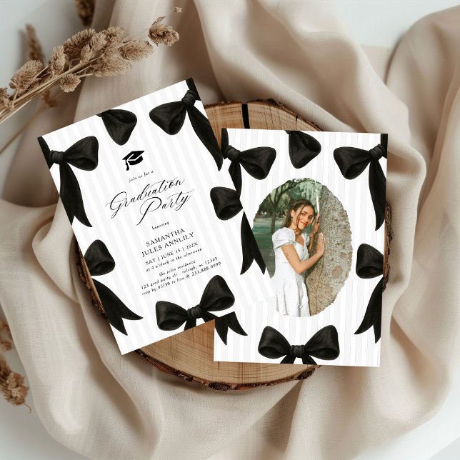 Modern Black Bow Stripes Photo Graduation Party  Invitation (Creator Uploaded)