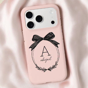 Modern Black Bow Stylish Girly Blush Pink Monogram iPhone 17 Pro Case