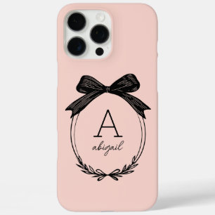 Modern Black Bow Stylish Girly Blush Pink Monogram iPhone 16 Pro Max Case