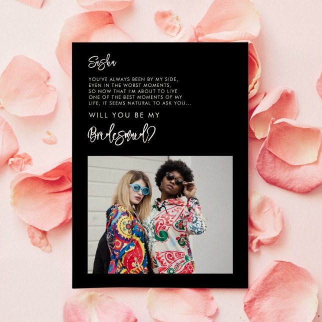 Modern black Bridesmaid photo message card (Creator Uploaded)