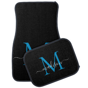Modern Black Bright Blue Monogram Elegant Script Car Floor Mat