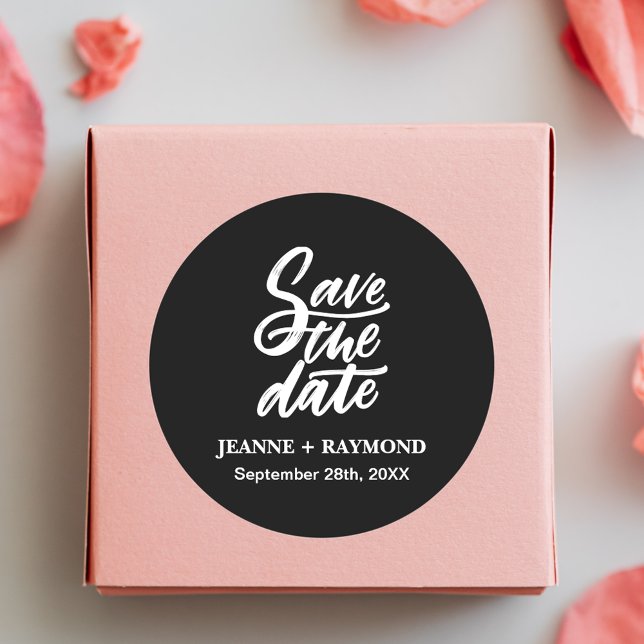 Modern Black Brush Lettered Save the Date Wedding Classic Round Sticker (Creator Uploaded)