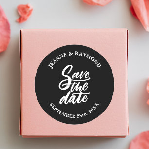 Modern Black Brush Lettered Wedding Save the Date Classic Round Sticker